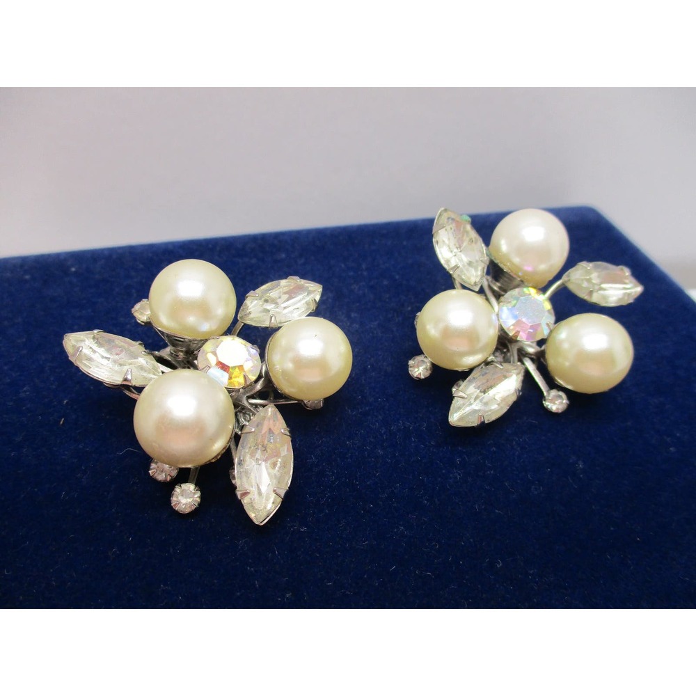 Vintage Judy Lee Silver AB Rhinestone Pearl Flower Spray Clip on Earrings